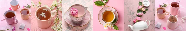 Collage Von Tassen Mit Leckerem Aromatischen Tee Auf Rosa Hintergrund — Stockfoto