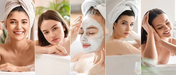 Collage Beautiful Young Woman Taking Bath Applying Facial Mask — Stock Photo, Image