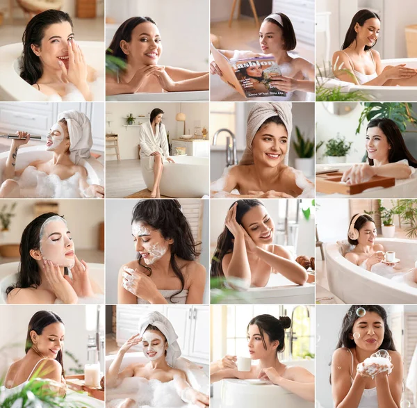 Colagem Com Belas Mulheres Jovens Tomando Banho — Fotografia de Stock