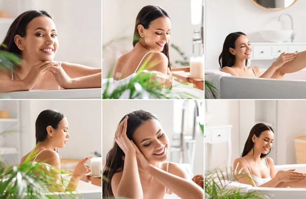 Collage Con Bastante Joven Tomando Baño —  Fotos de Stock