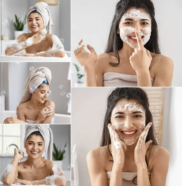 Kolaż Piękną Młodą Kobietą Biorącą Kąpiel Używającą Mydła — Zdjęcie stockowe