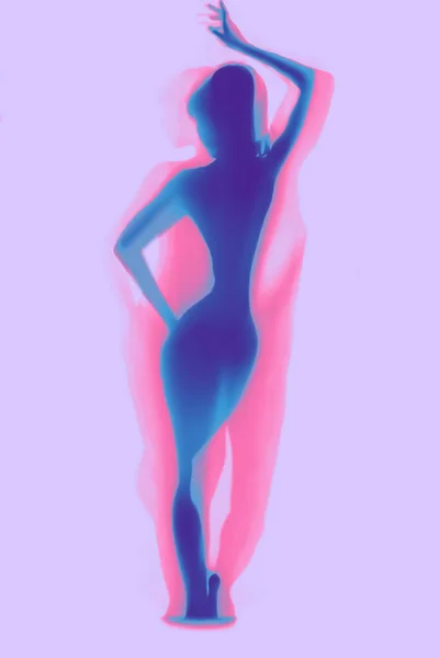 Silhouette of beautiful sexy woman behind curtain on color background