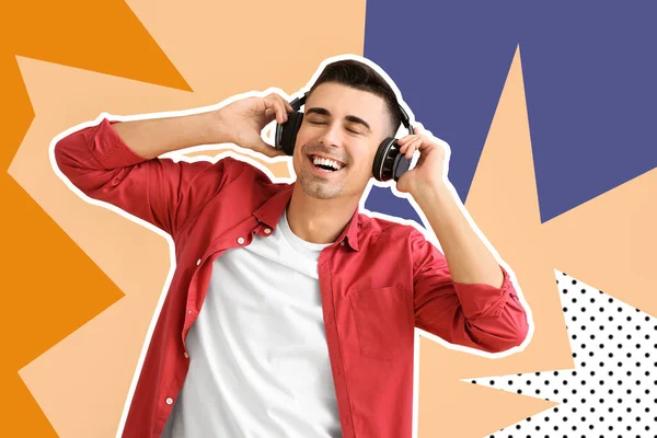 Przystojny Młody Człowiek Słuchawkami Słuchający Muzyki Kolorowym Tle — Zdjęcie stockowe