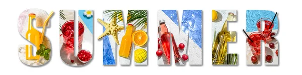 Colagem Com Palavra Summer Diferentes Bebidas Frutas Sobre Fundo Branco — Fotografia de Stock