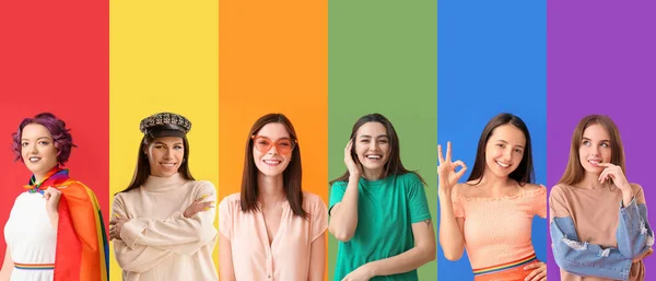 Gruppe Junger Frauen Auf Regenbogenhintergrund Mit Platz Für Text Konzept — Stockfoto