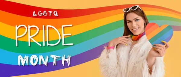 Portrait Stylish Young Transgender Woman Rainbow Heart Yellow Background Celebration — Stock Photo, Image