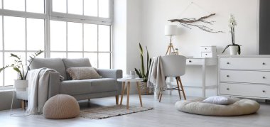 Modern mobilyalarla aydınlık oturma odasının şık iç mekanı.  