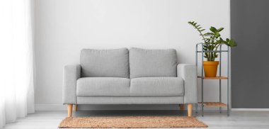 Şık bir kanepe ve ışık duvarının yanında saksı olan raf ünitesi.