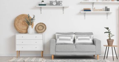 Kanepesi, çekmeceleri ve rafları olan şık bir oturma odası.