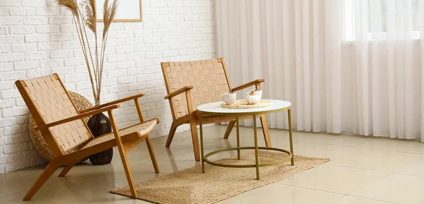 Interior Stylish Living Room Wicker Armchairs Coffee Table — Stock Photo, Image