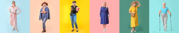 Grupp Snygga Mogna Kvinnor Färg Bakgrund Begreppet Åldrande Och Klimakteriet — Stockfoto
