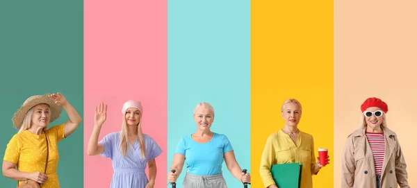 Группа Стильных Зрелых Женщин Цветном Фоне Пространством Текста Понятие Старения — стоковое фото