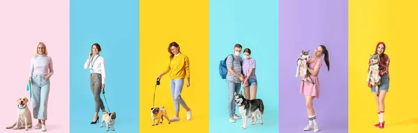 Set Van Mensen Met Schattige Honden Kleurrijke Achtergrond Vriendschapsdag — Stockfoto