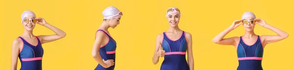 Sarı Arka Planda Bir Çift Kadın Yüzücü — Stok fotoğraf