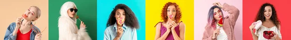 Set Van Mooie Vrouwen Met Verschillende Zoetigheden Kleurrijke Achtergrond — Stockfoto