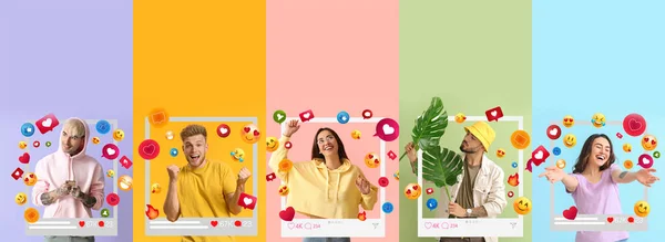 Grupp Glada Unga Bloggare Färg Bakgrund — Stockfoto