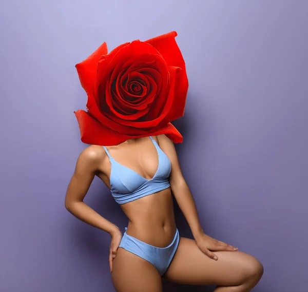 Woman Red Rose Flower Instead Her Head Swimsuit Color Background — Stock Photo, Image