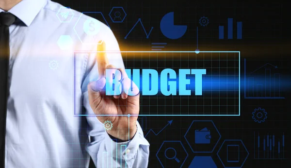 Businessman Touching Word Budget Virtual Screen Dark Background Closeup — Stock Photo, Image