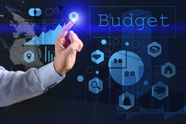 Businessman Pointing Word Budget Virtual Screen Dark Background Closeup — Stock Photo, Image