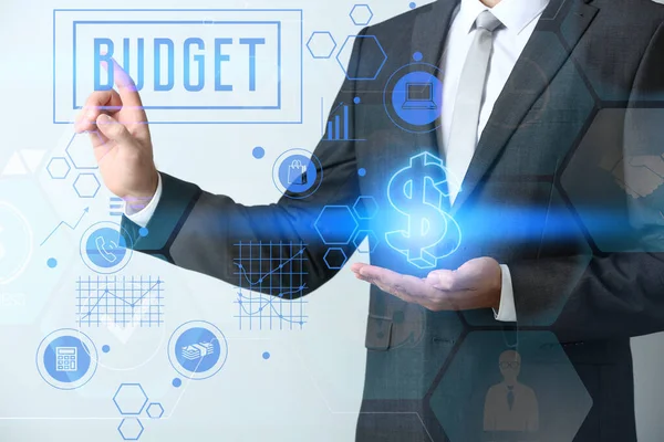 Businessman Touching Word Budget Virtual Screen Light Background — Stock Photo, Image