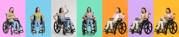 Zestaw Pozytywnej Młodej Kobiety Wózku Inwalidzkim Kolorowym Tle — Zdjęcie stockowe