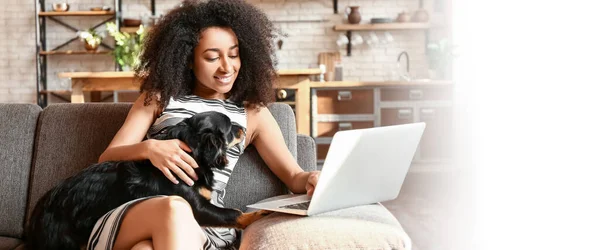 Beautiful African American Woman Cute Dog Laptop Working Home Banner — Stock Photo, Image