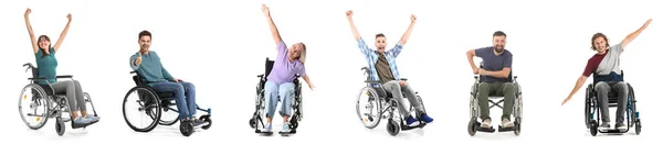 Набір Щасливих Людей Інвалідному Кріслі Ізольовані Білому — стокове фото