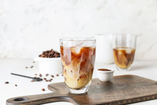 Glass Cold Brew Coffee Milk Wooden Board Light Background — Stock Photo, Image