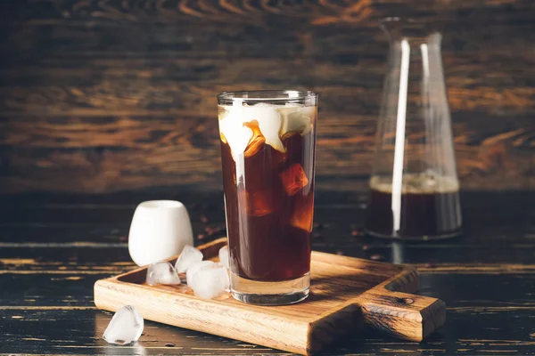 Board Glass Cold Brew Coffee Ice Cubes Dark Wooden Table — Stock Photo, Image