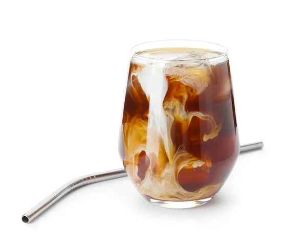 Glass Cold Brew Coffee Milk Metal Straw White Background — Stock Photo, Image