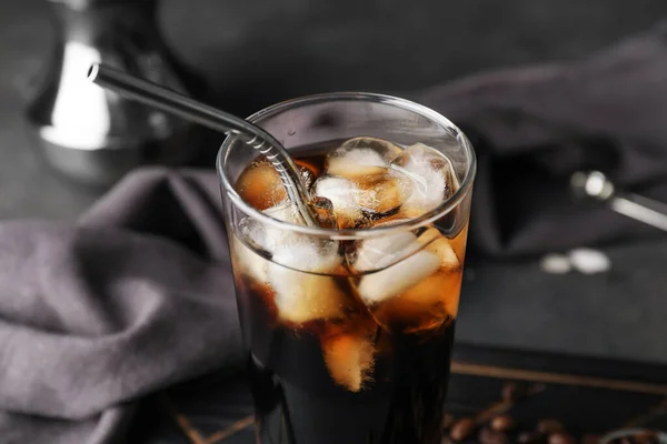 Glass Cold Brew Coffee Metal Straw Dark Background Closeup — Stock Photo, Image