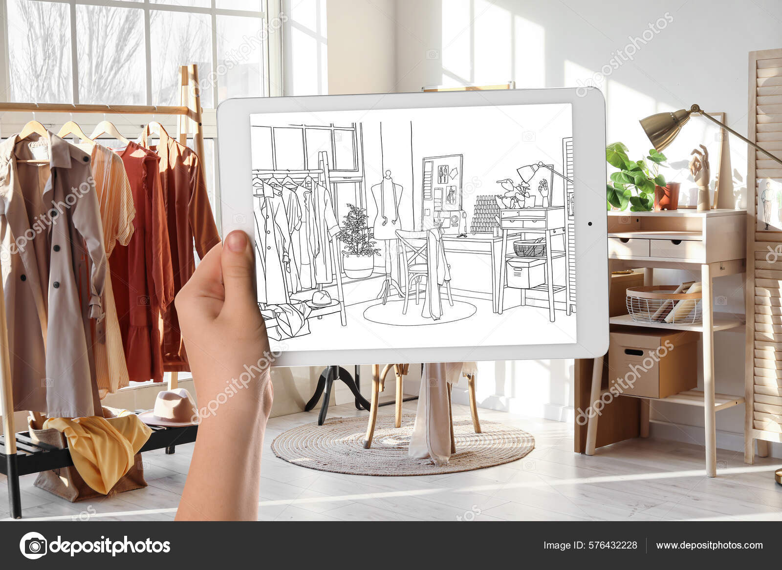 Designer Holding Tablet Computer Drawing New Atelier Interior