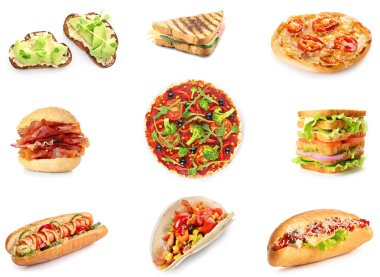 Beyaza izole edilmiş farklı lezzetli fast food seti.