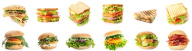 Beyaz üzerine izole edilmiş farklı sandviç ve hamburgerler.