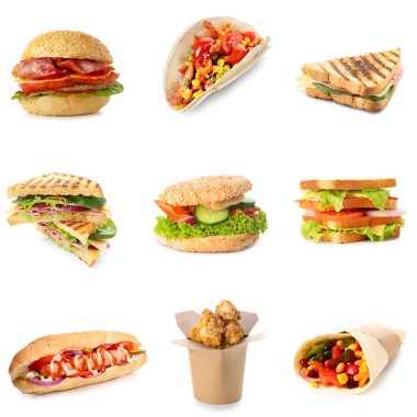 Beyaza izole edilmiş farklı lezzetli fast food seti.