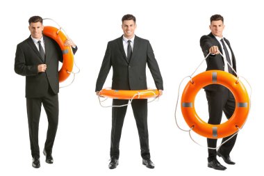 Beyaz arka planda can simidi olan bir grup iş adamı.