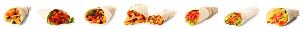 Set Leckerer Mexikanischer Burritos Mit Gemüse Auf Weißem Hintergrund — Stockfoto