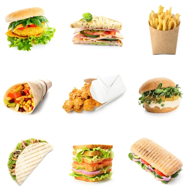 Set Different Fast Food Isolated White — Stock Photo, Image