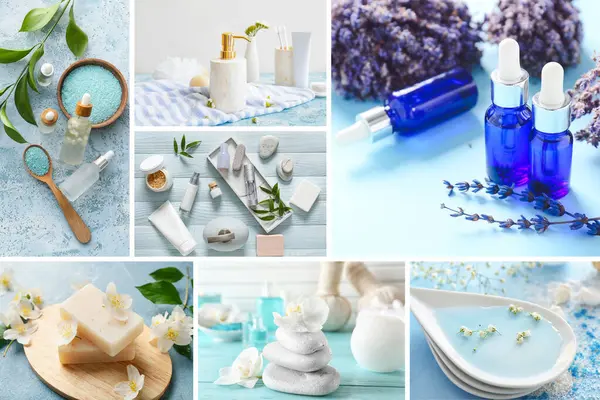 Beau Collage Spa Aux Couleurs Bleues — Photo