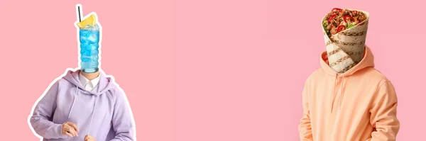 Стильна Молодь Смачним Буріто Холодним Коктейлем Замість Голови Рожевому Фоні — стокове фото