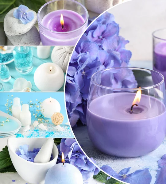 Schöne Wellness Collage Mit Brennenden Kerzen Blumen Und Kosmetik — Stockfoto