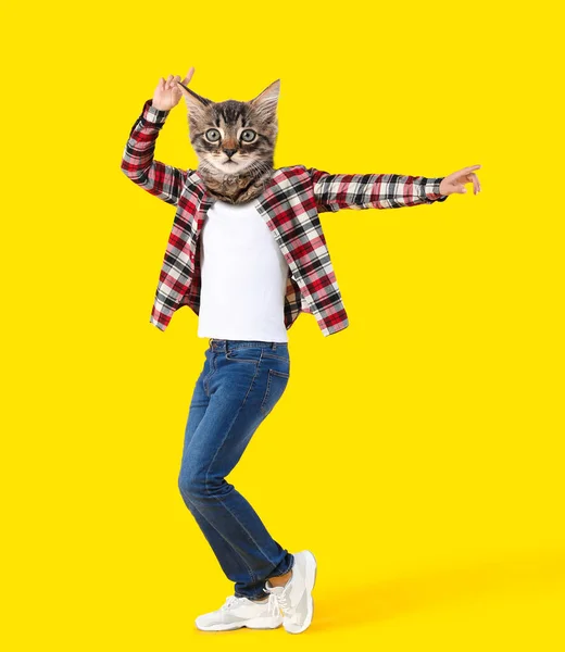 Tańczący Kotek Ludzkim Ciałem Żółtym Tle — Zdjęcie stockowe