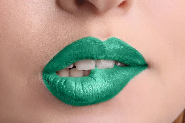 Beautiful Young Woman Makeup Mint Colors Biting Her Lip Closeup — Stock Photo, Image