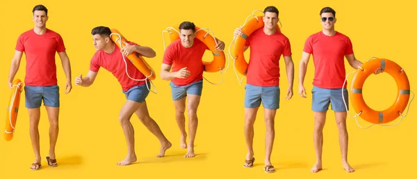 Set Male Beach Rescuer Yellow Background — Stock Photo, Image