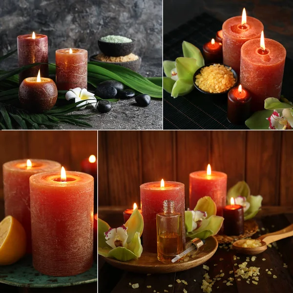 Collage Spa Con Velas Encendidas Aceite Esencial Sal Marina Flores — Foto de Stock