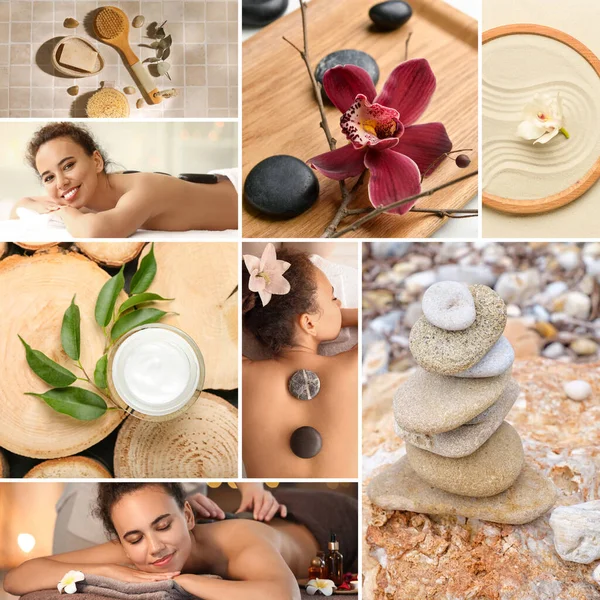 Bellissimo Collage Spa Con Giovani Donne Pietre Massaggio Fiori Cosmetici — Foto Stock