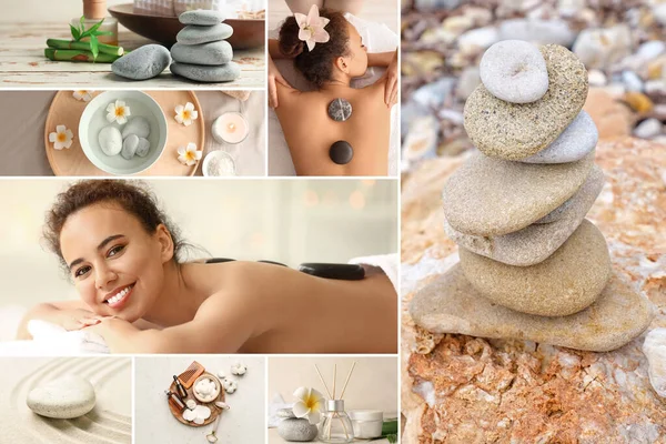 Smuk Spa Collage Med Unge Kvinder Massage Sten Kosmetik - Stock-foto