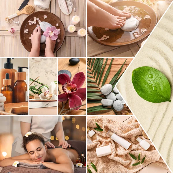 Smuk Spa Collage Med Unge Kvinder Massage Sten Blomster Kosmetik - Stock-foto