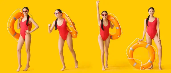 Set Female Beach Rescuer Yellow Background — Stock Photo, Image