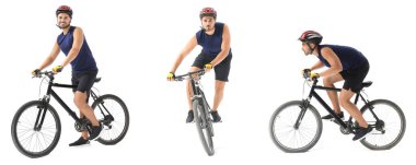 Beyaz arka planda bisiklet süren bir grup erkek bisikletçi.